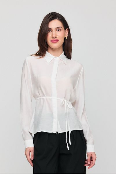 Human Base Women's White Waist Tie Detailed Long Sleeve Shirt