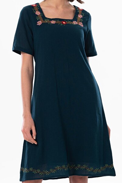 Eliş Şile Bezi Kısa Kol Şile Bezi Kare Yaka Narin Kısa Yazlık Elbise Petrol Ptrl