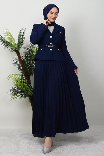 GİYZAMİLA Gold Detail Skirt Suit Navy Blue