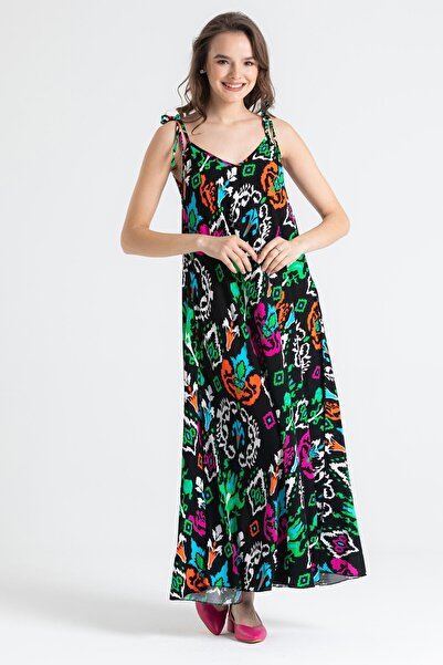 Eliş Şile Bezi فستان صيفي طويل من الفسكوز بحمالات من سوزان، أسود عرقي Etnk syh
