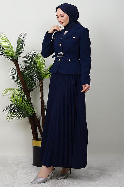GİYZAMİLA Χρυσό Λεπτομερές Κοστούμι Φούστας Navy Blue