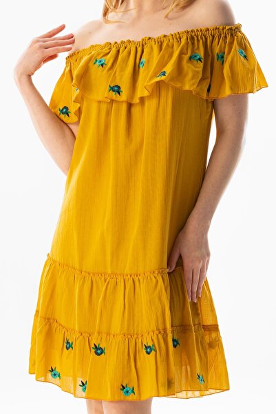 Eliş Şile Bezi Short Sleeve Voile Lavinya Embroidery Detailed Short Summer Authentic Dress Mustard Hrd
