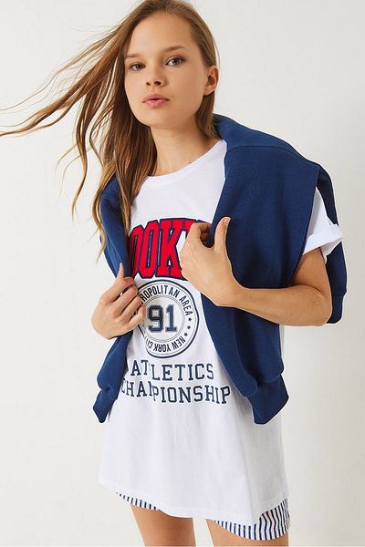 Bianco Lucci Women's Brooklyn Printed Oversize Combed Cotton Basic T-Shirt 60283083
