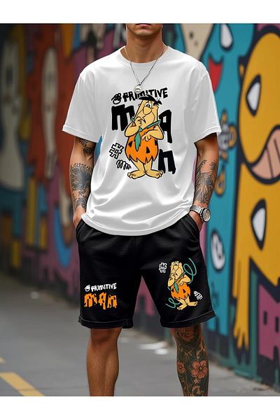 LUNAVISTA Men's Casual Printed Tracksuit Set, Short Sleeve Round Neck T-Shirt and Shorts, Sweatpants Suit