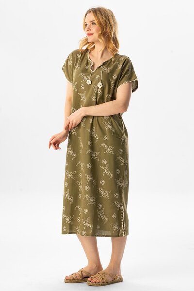 Eliş Şile Bezi Short Sleeve Sile Cloth Printed Midi Length Summer Dress Spreader Pattern Khaki Hk