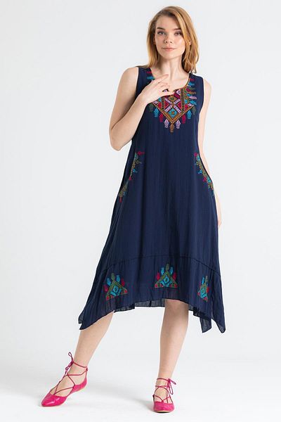 Eliş Şile Bezi Rochie de vară, fără mâneci, din pânză Sile, brodata antică, lungime midi, albastru bleumarin Lcvt