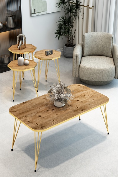 BARIN DESIGN 3'Lü Sekizgen Zigon Sehpa ve Dikdörtgen Orta Sehpa Takımı Modern...