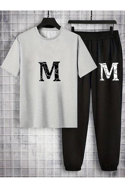 PENTHİLUS Men's Sportswear Set with Short Sleeve T-Shirt and Long Pants with m Print
