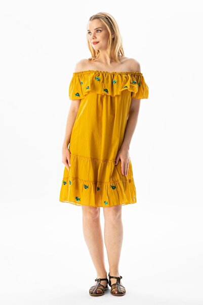 Eliş Şile Bezi Short Sleeve Voile Lavinya Embroidery Detailed Short Summer Authentic Dress Mustard Hrd