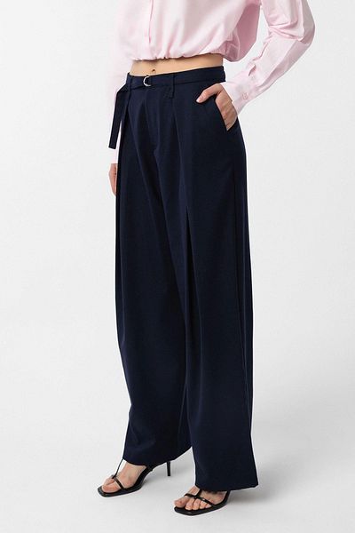 Antioch Navy Blue Belted Pleated Women's Trousers