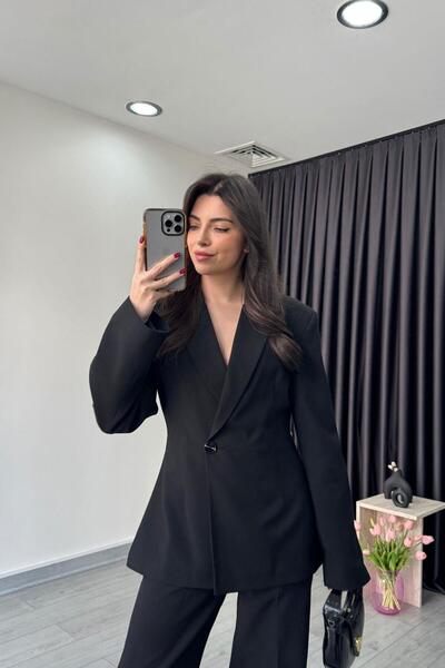 ECEMİ Black Double Breasted Blazer Jacket with Waistband