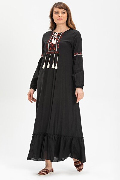 Eliş Şile Bezi Μακρυμάνικο ύφασμα Şile - Μαύρο φόρεμα Seher Long Hijab