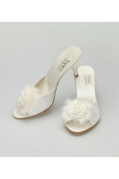 Espuar Women's Ecru Furry Rose Decorated Dowry and Home Slippers
