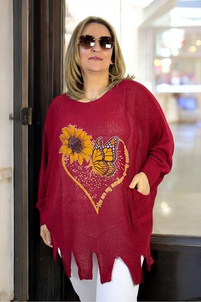 yagmurberen Heart Patterned Boat Neck Pocket Tassel Detail Large Size Italian Mercerized Bluz Sweater.