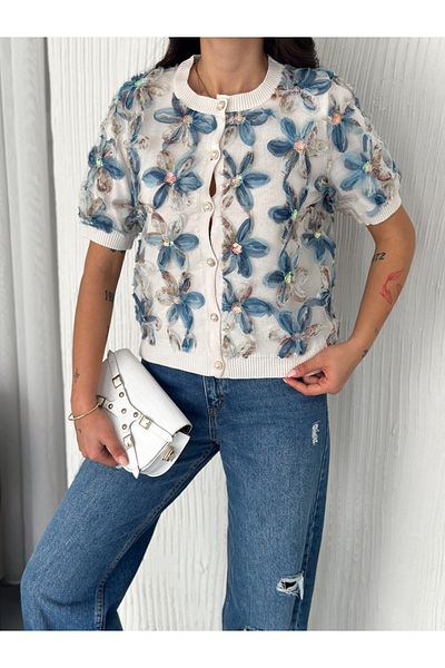 Fanori Woman FEMEIE ALBASTRU MĂRIME STANDARD PERLE BUTONAT FLORE BRODAT 100% BUMBAC TRICO CARDIGAN