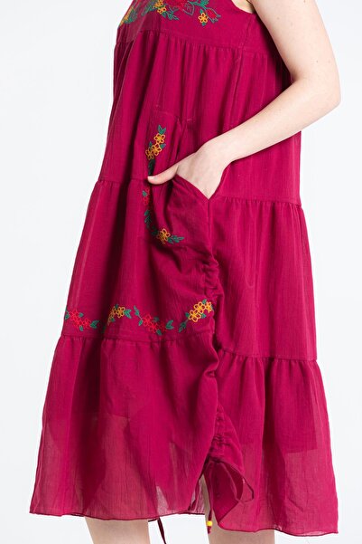 Eliş Şile Bezi Sleeveless Voile Ahsen Embroidered Midi Summer Dress Claret Red