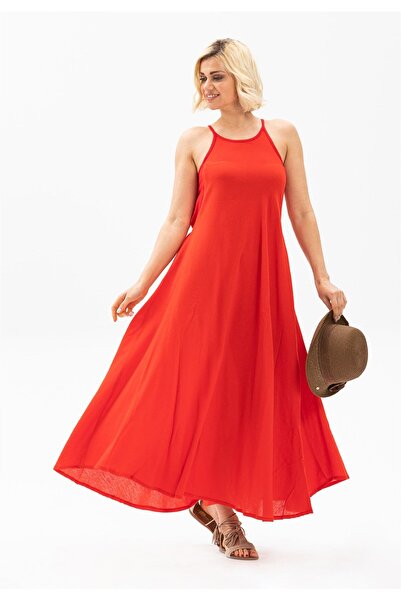 Eliş Şile Bezi Strappy Sile Cloth Sima Long Summer Dress Red Red