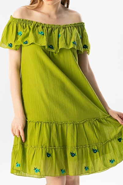 Eliş Şile Bezi Short Sleeve Voile Lavinya Embroidery Detailed Short Summer Authentic Dress Pistachio Green fysl