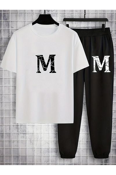 PENTHİLUS Men's Sportswear Set with Short Sleeve T-Shirt and Long Pants with m Print
