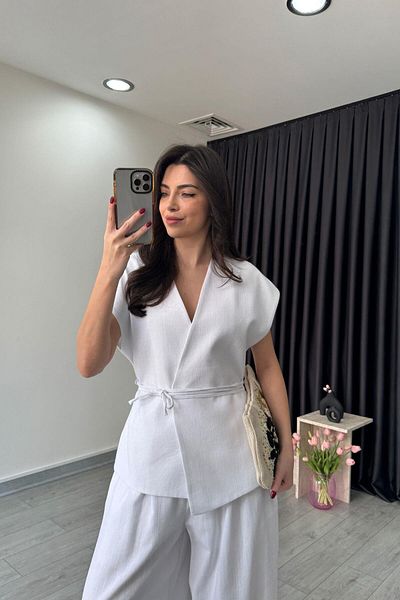 ECEMİ Luna White Linen Vest Pants Set