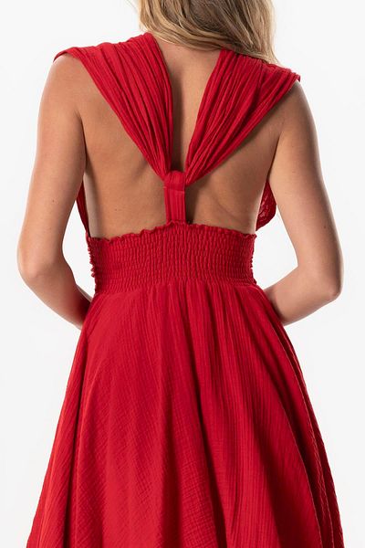 Eliş Şile Bezi Μίνι Καλοκαιρινό V Neck - Κόκκινο Μουσελίνα Φόρεμα