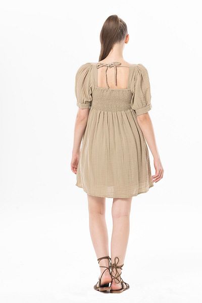 Eliş Şile Bezi Short Sleeve Lara Square Collar Lacing Detailed Summer Muslin Dress Mink Vzn