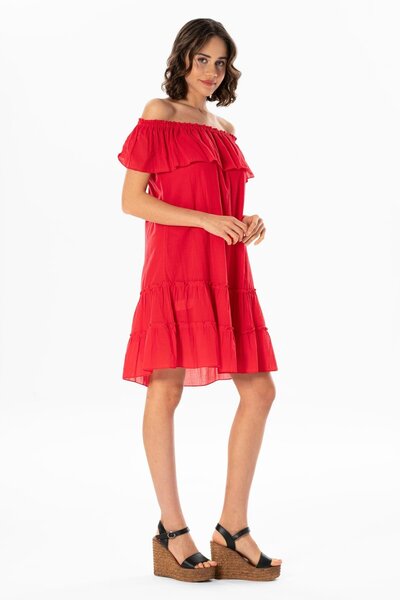 Eliş Şile Bezi Κοντό μανίκι Voile Lavinya Boat Neck Κοντό καλοκαιρινό φόρεμα Pomegranate Blossom nrcik