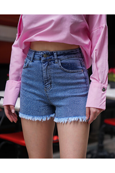 LOISY Kadın Önü Parlak Taşlı Rahat Kalıp Kot Şort