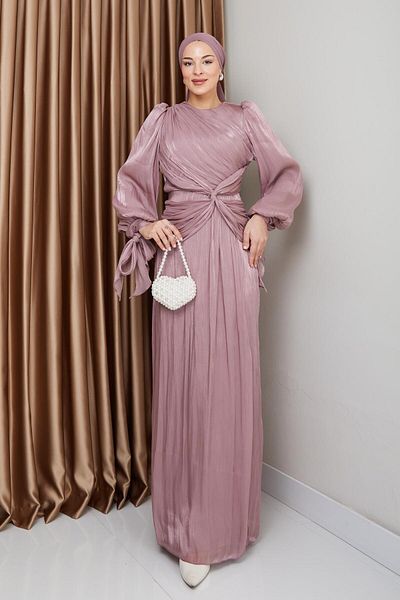 Olcay Yoryo-Hijab-Abendkleid aus Seide mit Fliege und Schleife, detailliertes Ärmelkragen-Krawattenkleid ROSE 1224