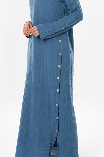 Eliş Şile Bezi Long Sleeve Izel Long Summer Muslin Dress Indigo indg