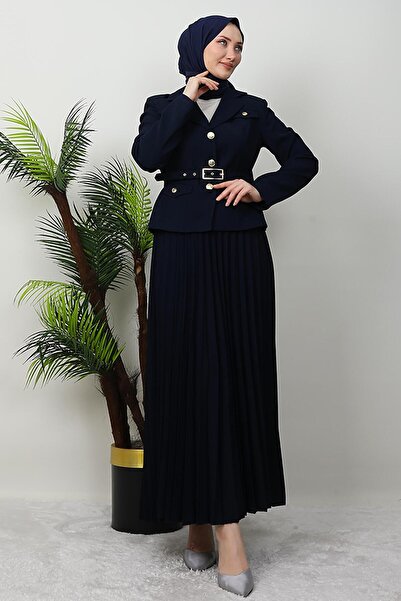 GİYZAMİLA Gold Detail Skirt Suit Dark Navy Blue