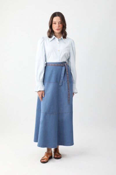 Aryen Kuşaklı denim etek