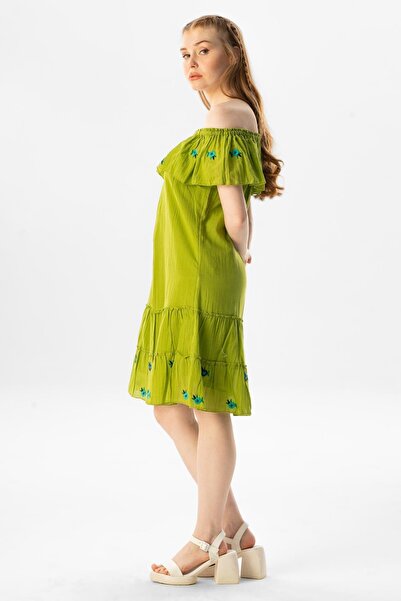 Eliş Şile Bezi Short Sleeve Voile Lavinya Embroidery Detailed Short Summer Authentic Dress Pistachio Green fysl