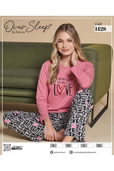 Over Sleep by Poleren Dusty Rose Color Crew Neck Long Sleeve Women's Pajama Set