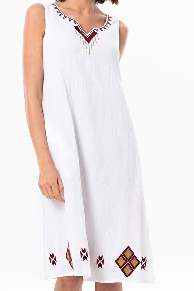 Eliş Şile Bezi Fără mâneci Sile Pânză Crin Brodat Scurtă Summer Authentic Rochie Albă Byz