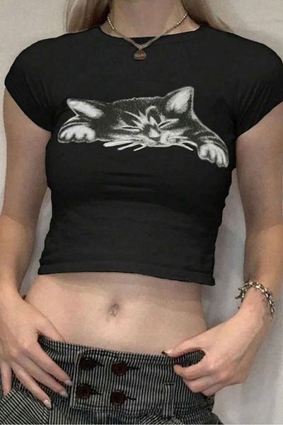 EFBUTİK Μαύρο Y2K Cat Graphic Crop