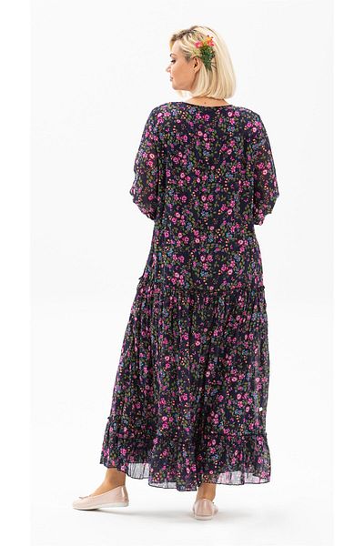 Eliş Şile Bezi Long Sleeve Voile Gonca Long Summer Dress Bud Pattern Dark Purple 6169