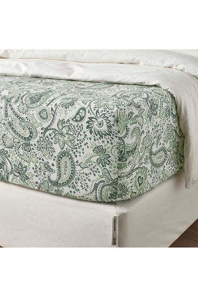 IKEA RODGERSIA Fitted Sheet – Green/White, 90x200 cm | Soft Cotton-Viscose Blend