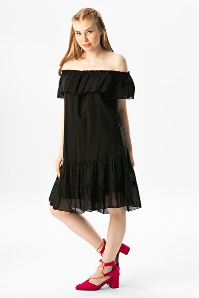 Eliş Şile Bezi Short Sleeve Voile Lavinya Boat Neck Short Summer Dress Black Syh