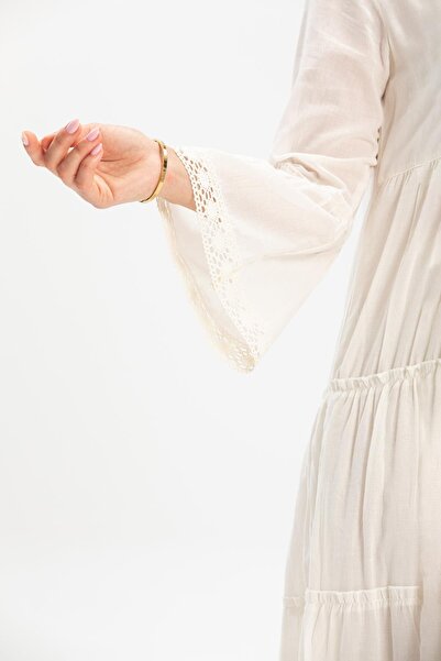 Eliş Şile Bezi Uzun Kol Vual Şeyma Uzun Yazlık Elbise Krem Krm