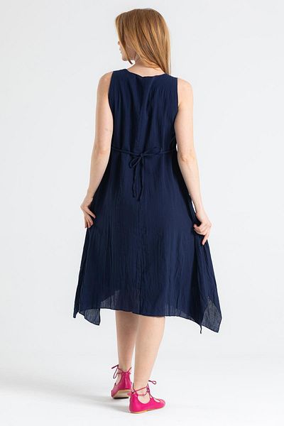 Eliş Şile Bezi Rochie de vară, fără mâneci, din pânză Sile, brodata antică, lungime midi, albastru bleumarin Lcvt