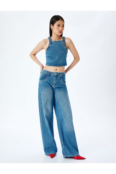 Koton Stone Detailed Back Lace up Crop Sleeveless Denim Blouse