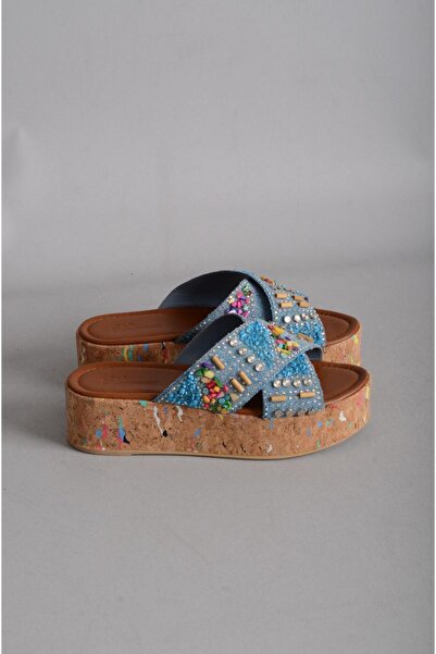 SEÇ KUNDURA SEÇ 7844 - Papuci albastru din piele naturală cu detaliu de piatră