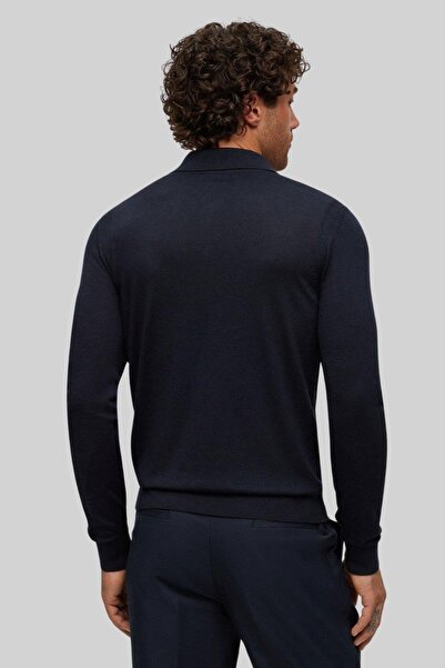 BOSS Regular Fit Polo Yaka Erkek Yün Kazak Lacivert