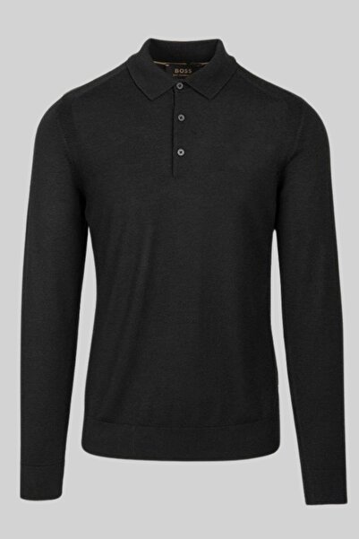 BOSS Regular Fit Polo Yaka Erkek Yün Kazak Siyah