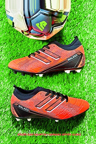 Walked Oranj Renk Boğazlı Çorap Bilekli Erkek Çocuk Dişli Krampon Halı Saha Futbol Spor Ayakkabı-dar Kalıp