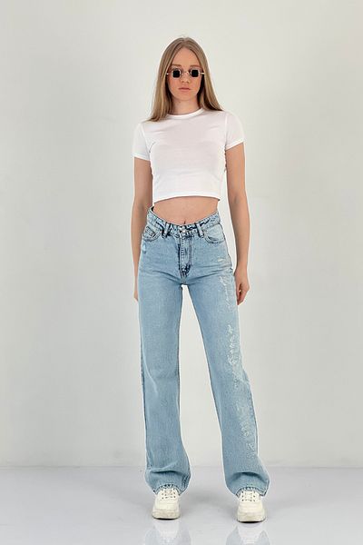 Miss Poem Blugi de damă cu strasuri Pantaloni largi Palazzo Ice Blue Denim