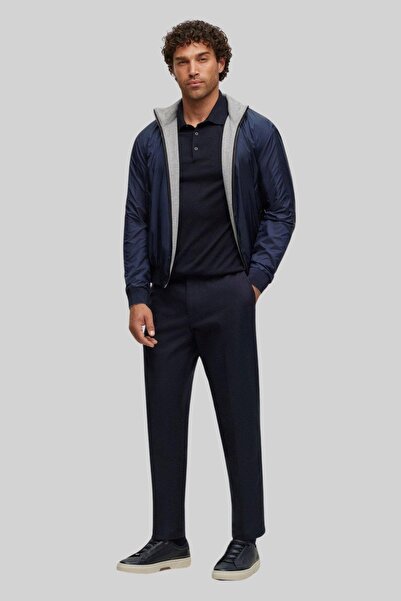 BOSS Regular Fit Polo Yaka Erkek Yün Kazak Lacivert