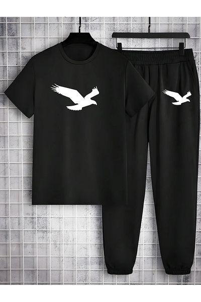PENTHİLUS 2 Pieces Suit Short Sleeve T-Shirt and Long Pants Bird Print Tracksuit Set