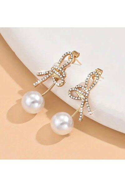 Aksesuar Taşlı Ve Inci Gold Renkli Düğüm Şık Düğün Abiye Küpe